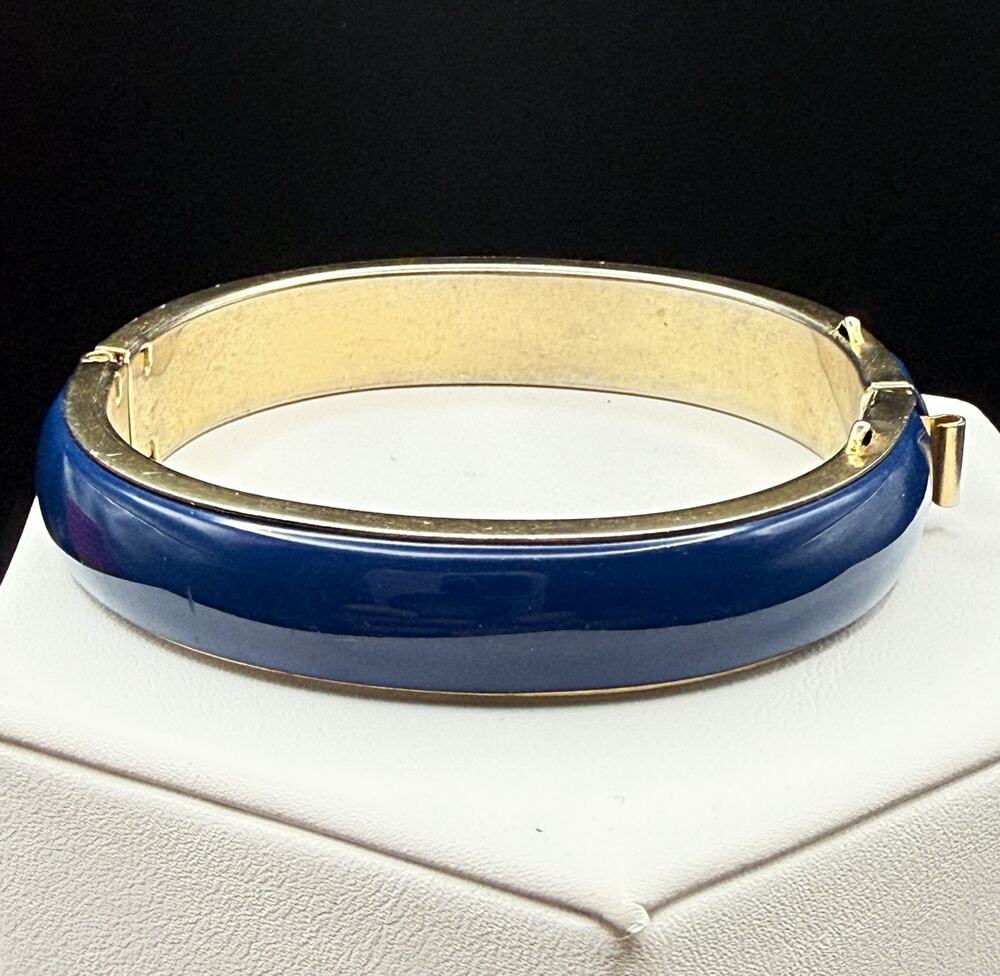 Vintage Classic Navy Metal Enamel Hinged Bangle Bracelet 1960s Mod Style